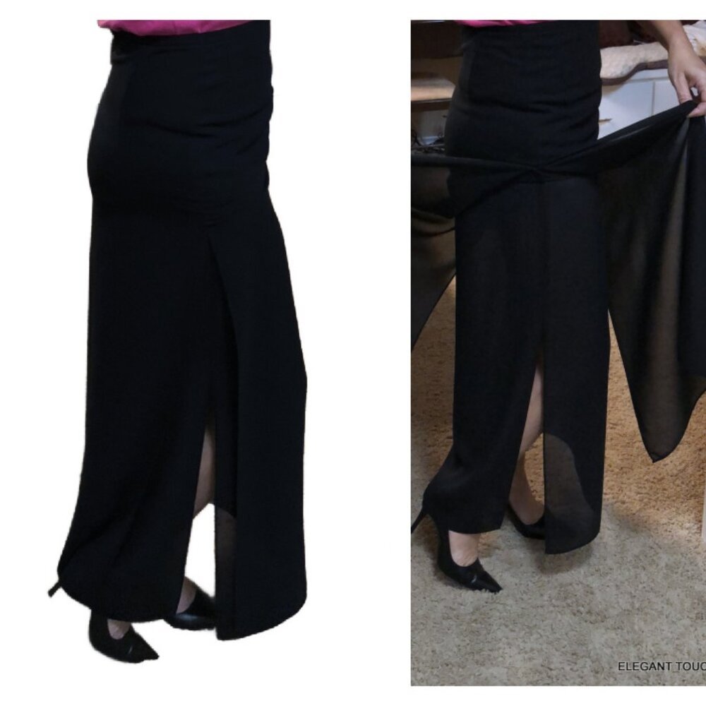 JS COLLECTIONS 4 Petite Black Straight Long Skirt Sheer Formal Double Slit Maxi